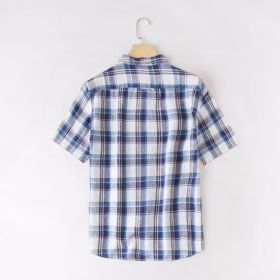 Wholesale Men′s Plaid Linen Cotton Slim Fit Spring Autumn Male Casual Branded Short Sleeved Shirts