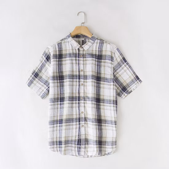 Wholesale Men′s Plaid Linen Cotton Slim Fit Spring Autumn Male Casual Branded Short Sleeved Shirts