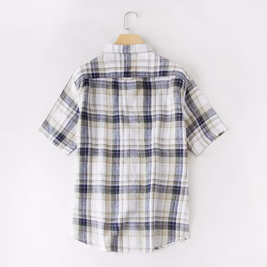 Wholesale Men′s Plaid Linen Cotton Slim Fit Spring Autumn Male Casual Branded Short Sleeved Shirts