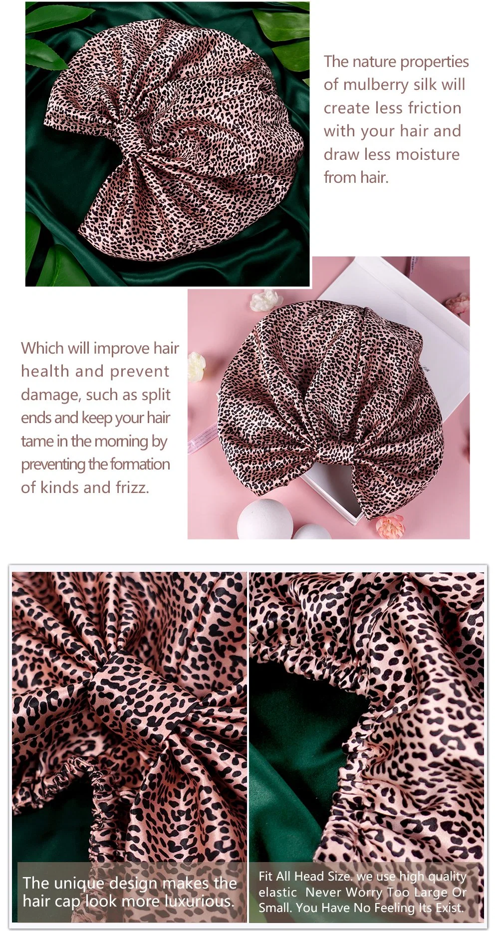Leopard Print Nature Properties of Mulberry Silk Adjustable Soft Luxury 100% Silk London Hair Cap for Women