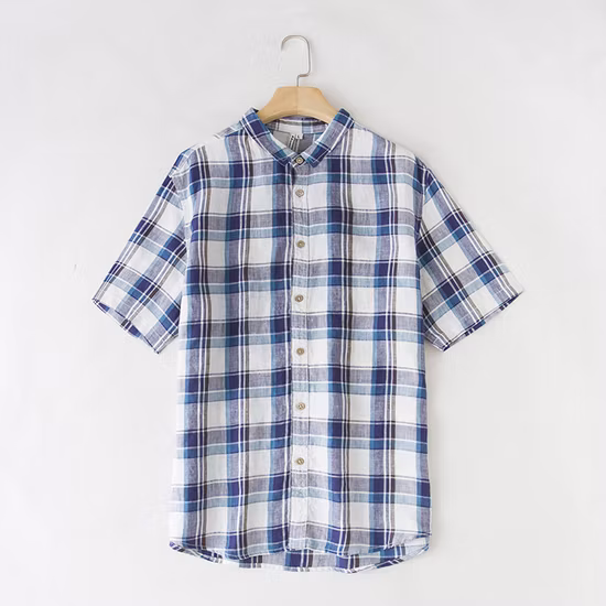 Wholesale Men′s Plaid Linen Cotton Slim Fit Spring Autumn Male Casual Branded Short Sleeved Shirts