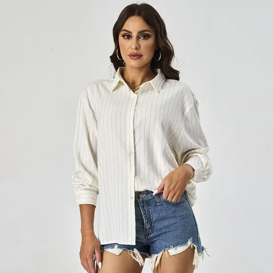 Custom Casual Stripe Collar Down Button Closure Female Top Long Sleeve Women Shirts